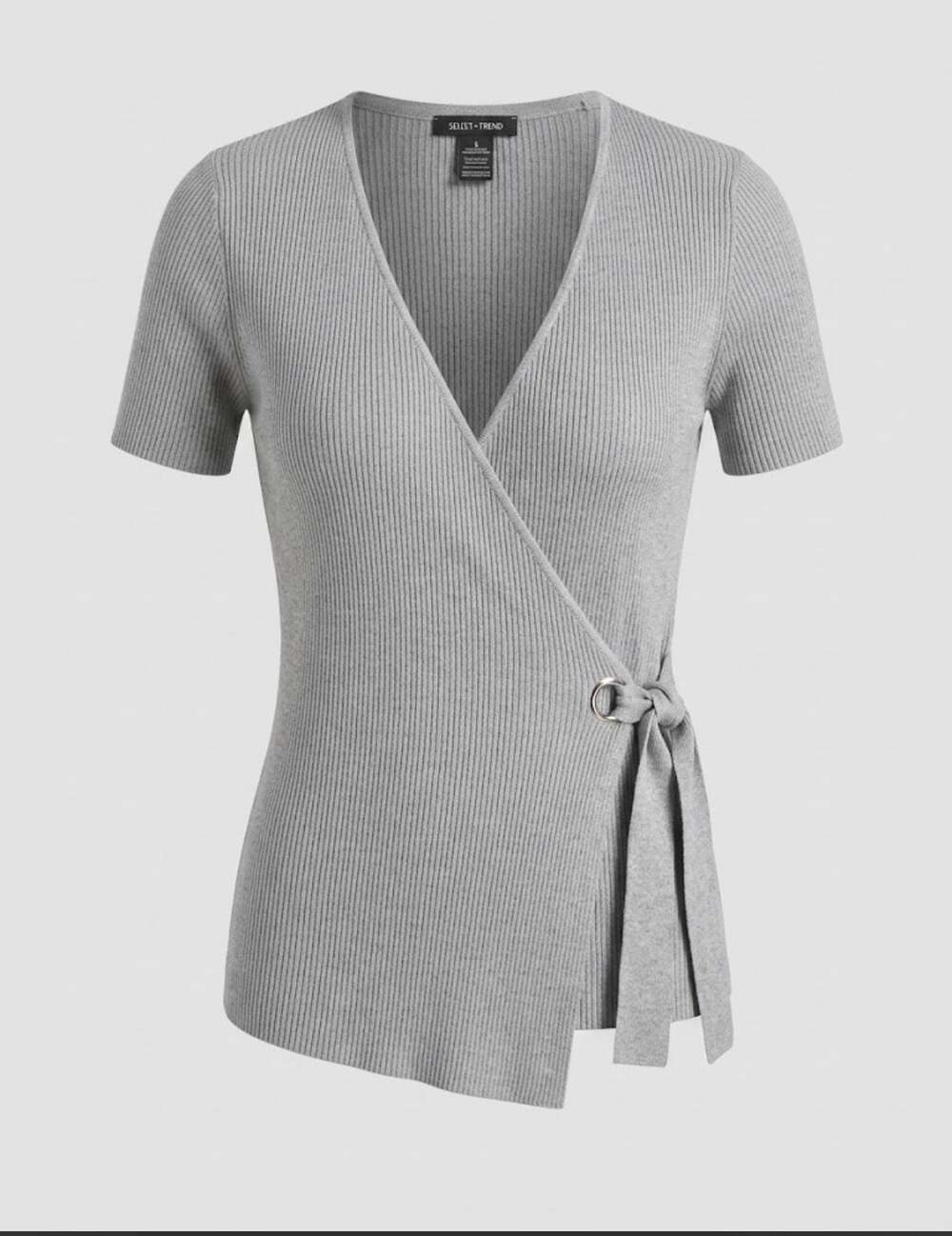 Select+Trend Womens Gray Ribbed Knit Short Sleeve Wrap Front O-Ring Tie small
